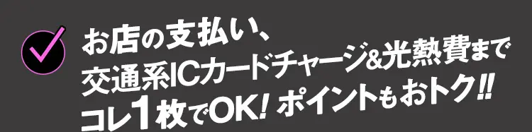 お店の支払い、交通系ICカードチャージ＆光熱費までコレ1枚でOK！ポイントもおトク！！