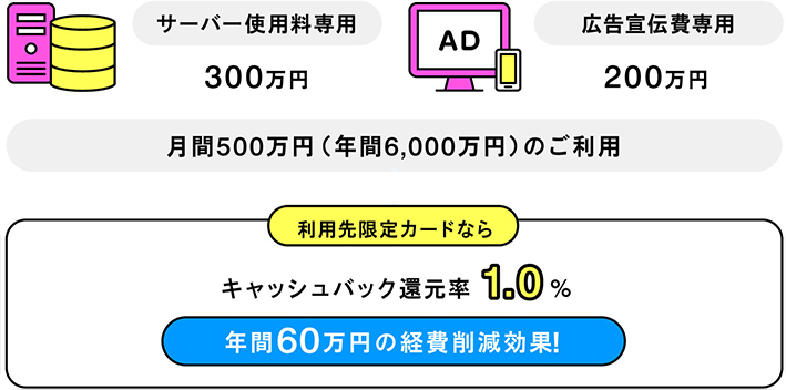 サーバー使用料専用300万円+広告宣伝費専用200万円　月間500万円（年間6,000万円）のご利用で利用先限定カードならキャッシュバック還元率0.5%　年間30万円の経費削減効果！