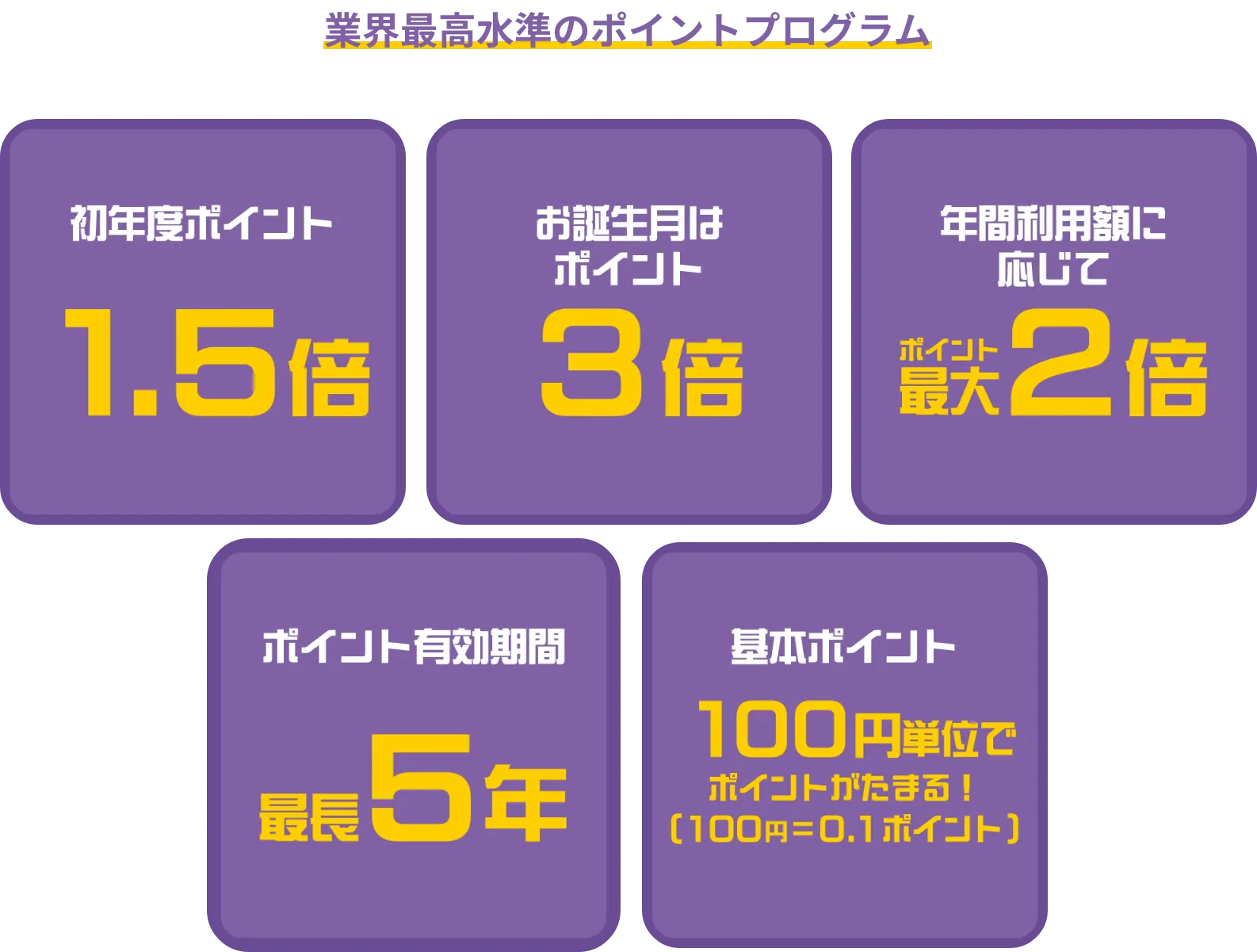 業界最高水準のポイントプログラム 初年度ポイント1.5倍 お誕生月はポイント3倍 年間利用額に応じてポイント最大2倍 ポイント有効期間最長5年 基本ポイント100円単位でポイントがたまる！(100円＝0.1ポイント)