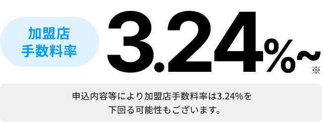 加盟店手数料率 3.24% ※申込内容等により加盟店手数料率は3.24%を下回る可能性もございます。