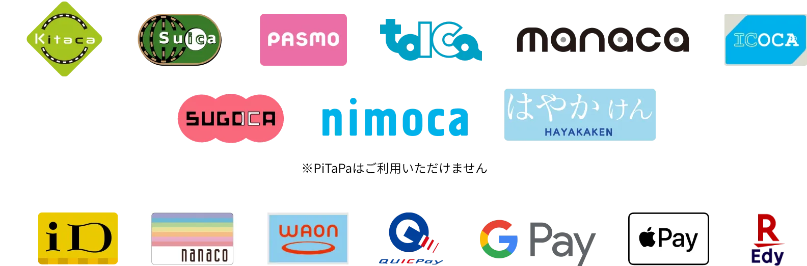 交通系ICカード（Kitaca、Suica、PASMO、TOICA、manaca、ICOCA、SUGOCA、nimoca、はやかけん）、電子マネー・スマホ決済（iD、nanaco、WAON、QUICPay、Google Pay、Apple Pay、楽天Edy）※PiTaPaはご利用いただけません。