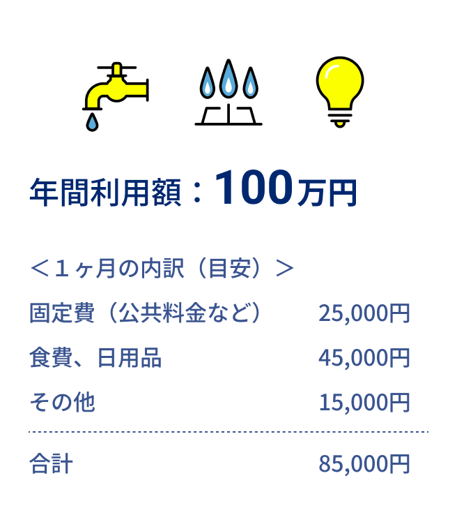 年間利用額100万円の場合。1ヶ月の内訳(目安)固定費(公共料金など)25,000円、食費、日用品45,000円、その他15,000円、合計85,000円