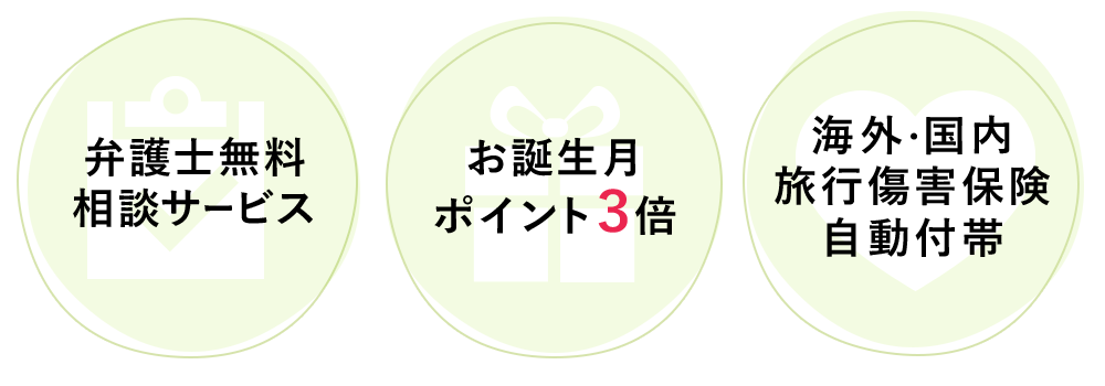 弁護士無料相談サービス　お誕生月ポイント３倍　海外・国内旅行傷害保険自動付帯