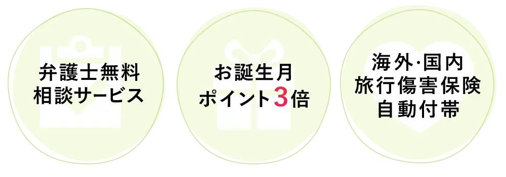 弁護士無料相談サービス　お誕生月ポイント３倍　海外・国内旅行傷害保険自動付帯